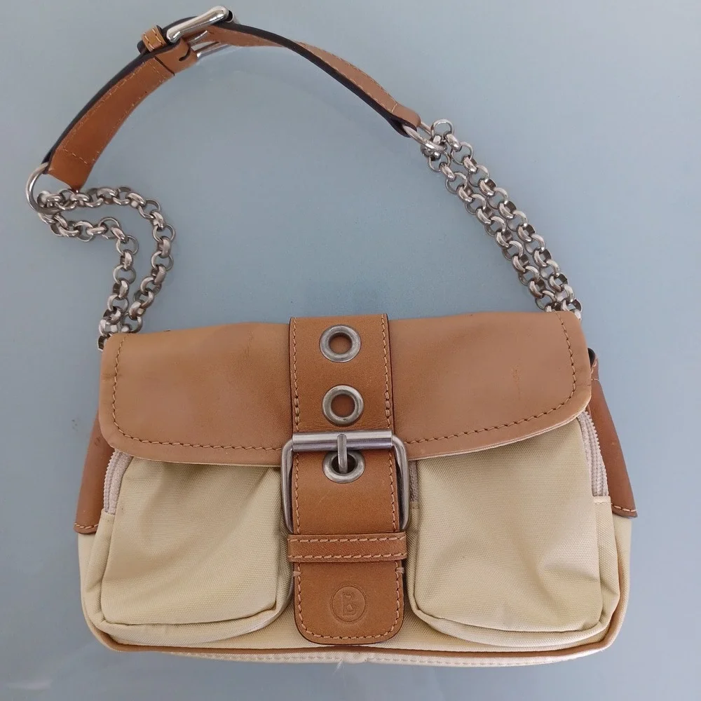 Bogner Tan Nylon Leather Buckle Baguette Shoulder‎ Bag Silver Chain Strap Y2K
